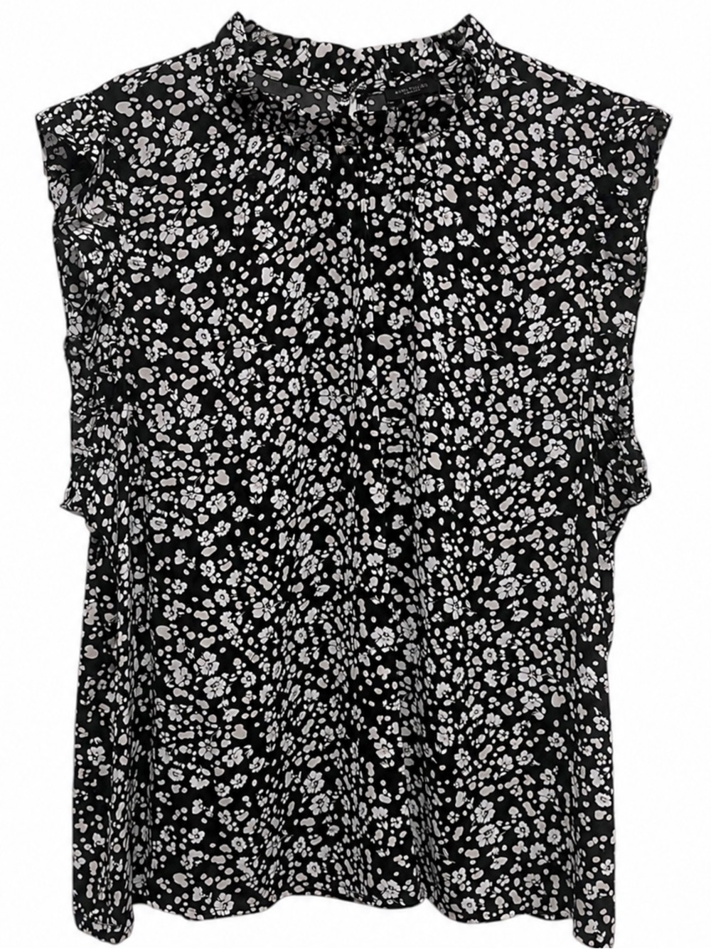 Ann Taylor Factory XXL Black White Floral Ruffle Neck Sleeveless Blouse